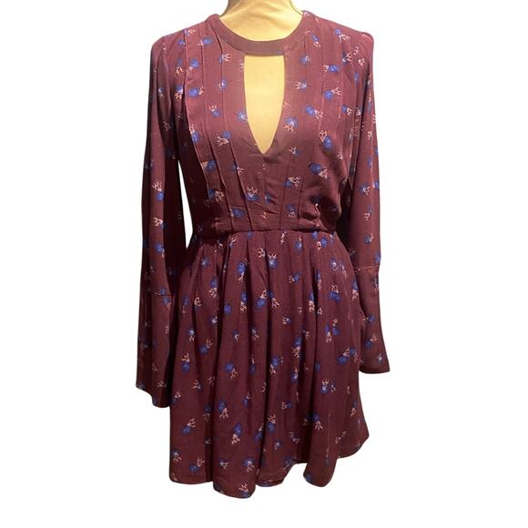 Boho Free People Long Sleeve Plum Floral Dress Pockets Size 4 Fall Fit & Flare - Picture 1 of 12